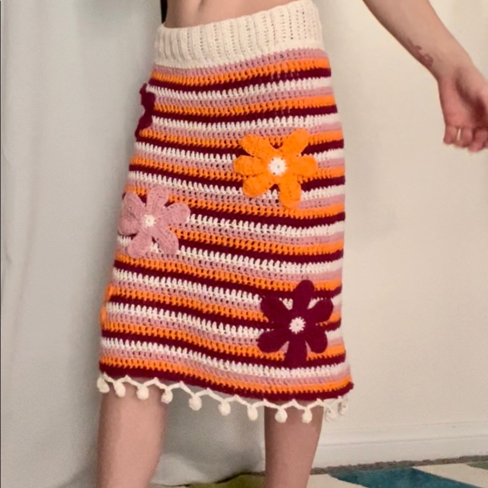 Handmade Floral & Striped Crochet MIDI Skirt